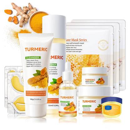 11PCS Turmeric Skincare Set, Skin Care Set with Turmeric Face Wash, Eye Cream, Toner, Facial Cream, Face Serum, Moisturizing Tinted Lip Balm, Under Eye Patches Set with 3 Honey Facial Masks