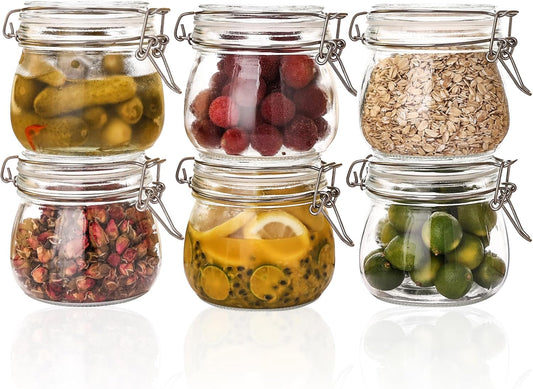 16oz - 6 Pack Round Glass Jars with Airtight Lid, Wide Mouth Mason Jars with Clamp Lids, Air Tight Glass Canisters, Food Storage Containers for Cereal, Pasta, Beans, Sugar, Coffee, Spice