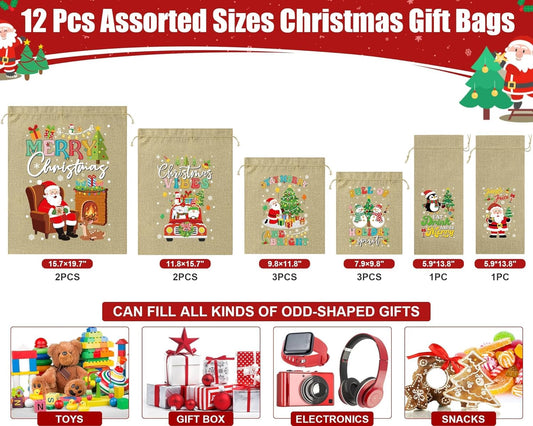 12Pcs Christmas Burlap Drawstring Gift Bags Christmas Wine Bags w/ Tags, Linen Xmas Gift Bag Assorted Sizes Bulk, Reusable Large Medium Small Holiday Gifts Wrapping Bag for Present Party Favors Sacks