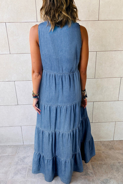 Tie Neck Tiered Maxi Denim Dress