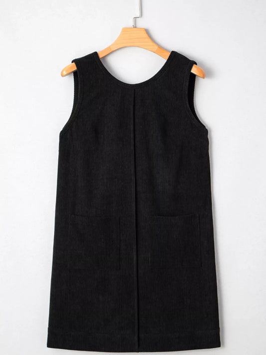 Corduroy Sleeveless Mini Dress with Patched Pockets