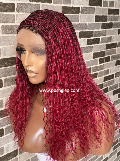 Wet And Wavy 100% Human Hair Knotless Braid Wig, HD Full Lace, Burgundy