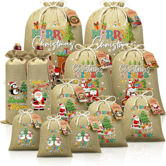 12Pcs Christmas Burlap Drawstring Gift Bags Christmas Wine Bags w/ Tags, Linen Xmas Gift Bag Assorted Sizes Bulk, Reusable Large Medium Small Holiday Gifts Wrapping Bag for Present Party Favors Sacks