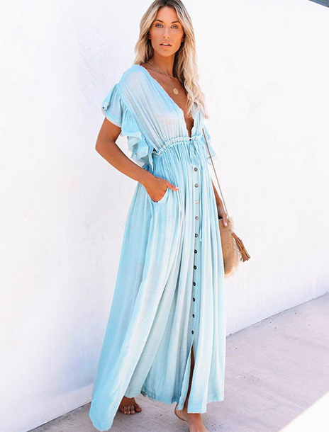 Single Breasted Waist Pull-Belt Beach Cover-up Sexy Backless Holiday Skirt Bikini Swimsuit Blouse