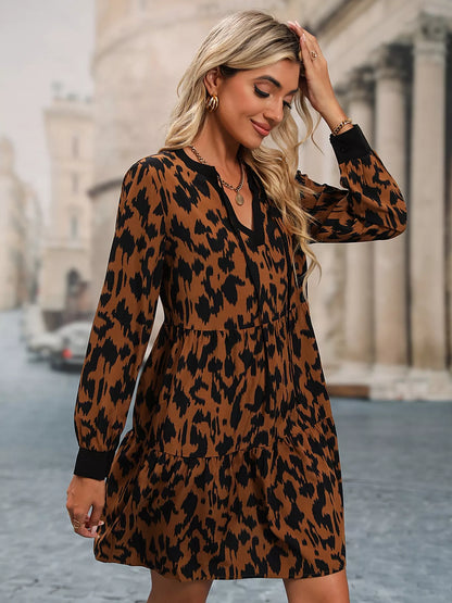 Leopard Tie Neck Long Sleeve Dress