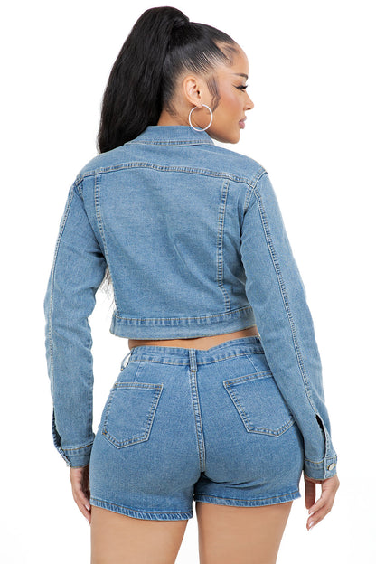 WOMEN FASHION DENIM JACKET AND SHOTR SET