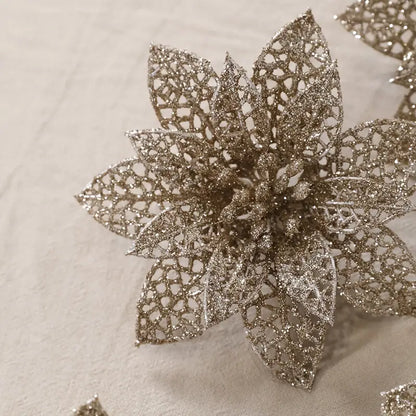 10pcs 4in Glitter Faux Flowers for Christmas Ornaments