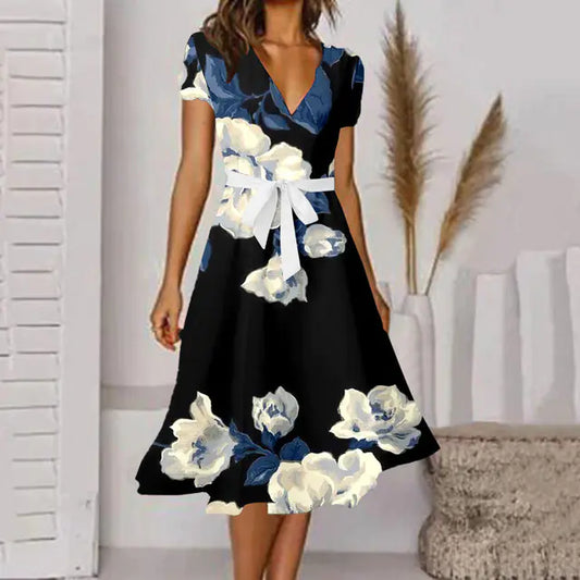 Fashionable Sexy V-Neck A-Line Dress with Belted Waist