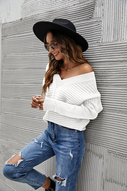 Solid Color Ribbed Sweater