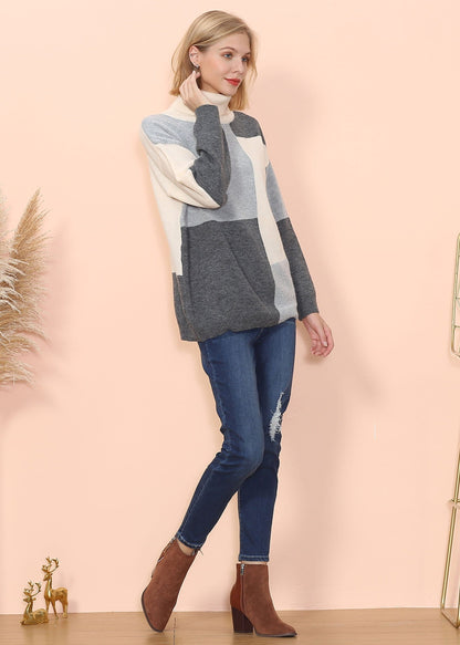 Color Block Front Turtleneck Sweater