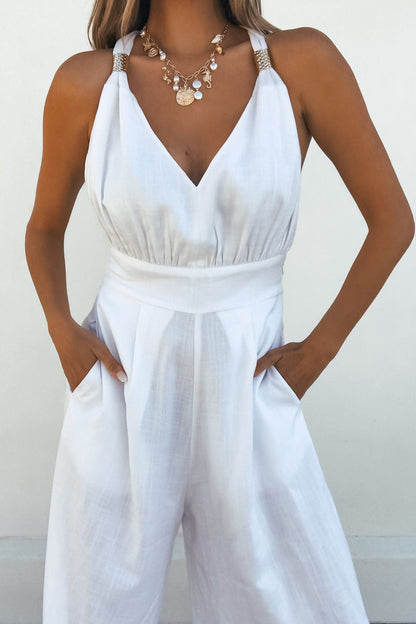 Vintage Havana White Gold Detail Linen Jumpsuit - DOORBUSTER