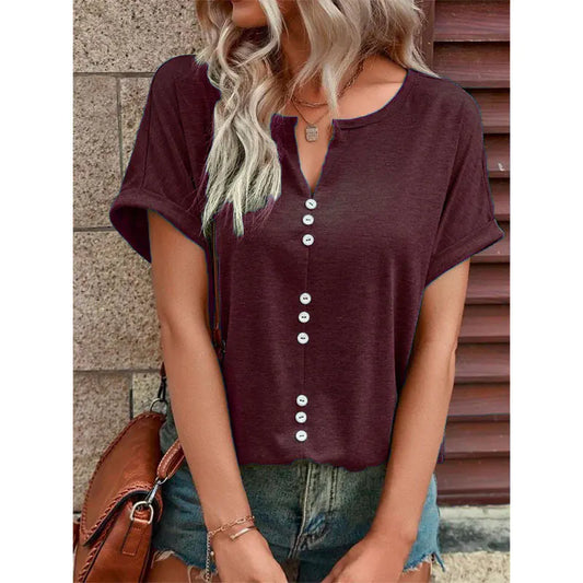 Summer V-neck Short Sleeve Button Design Blouse