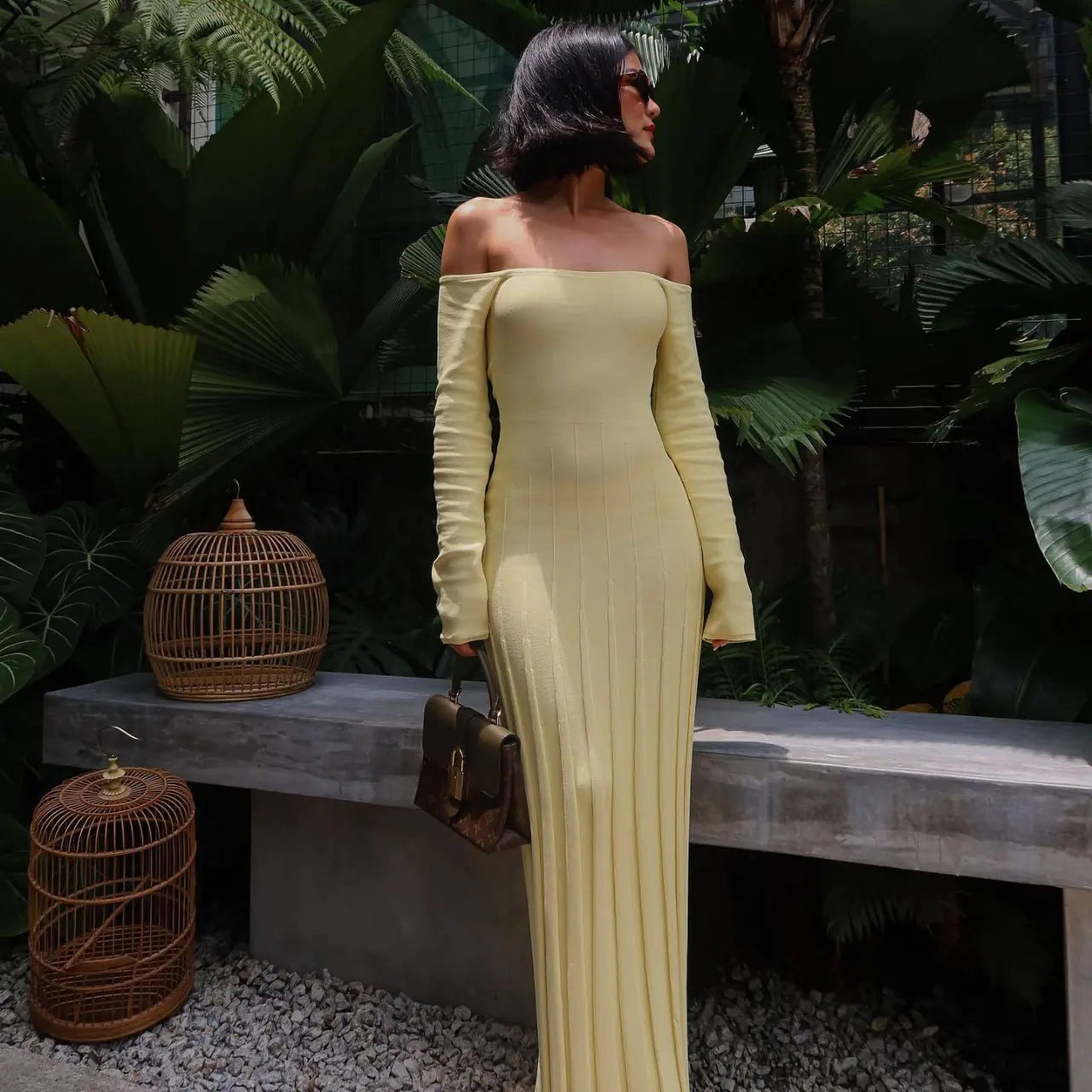 Off-Shoulder Striped Knitted Dress for Women