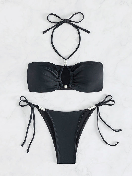 Bikini Halter Lace up Pearl Sexy Split Bikini Swimsuit Women