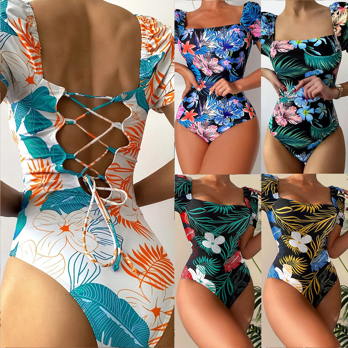 Swimsuit Women Printed Floral Triangle One Piece Printed Bikini Tied Swimsuit
