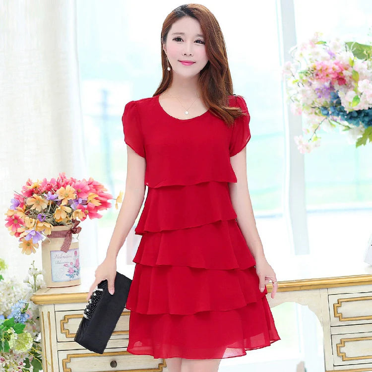 Loose A- line Plus Size Ladies Slimming Short Sleeve Cake Dress