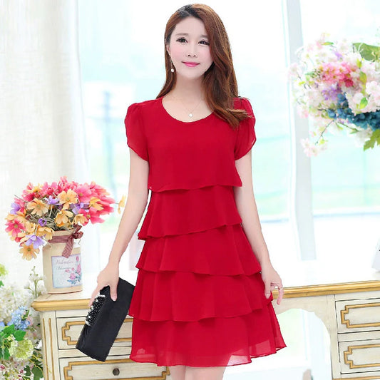 Loose A- line Plus Size Ladies Slimming Short Sleeve Cake Dress