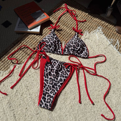Sexy Lace up Leopard Print Color Matching Split Swimwear Swimsuit Bikini
