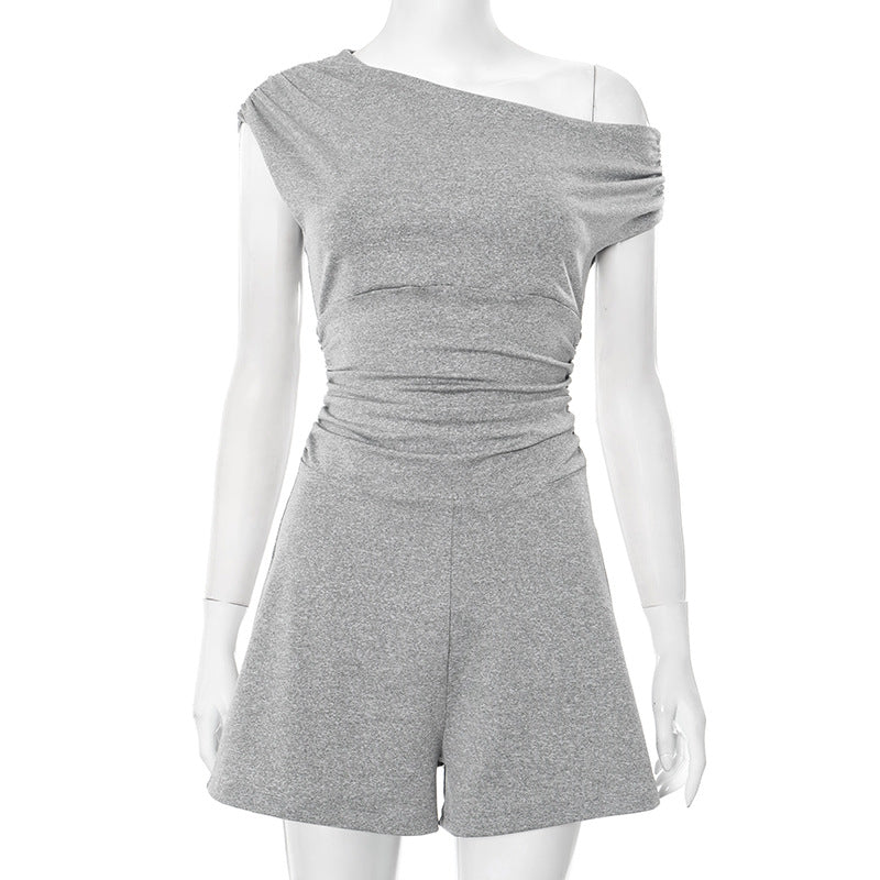 Women Clothing Spring Summer Crossbody off the Shoulder Pleated Bow Waist Tie Romper