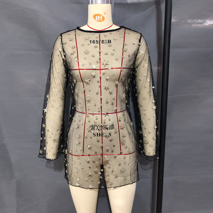 Sexy Casual Gilding Perspective Sun Protection T shirt Skirt Women