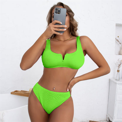 High Waist Split Bikini Sexy Solid Color Deep V Plunge Swimsuit Women