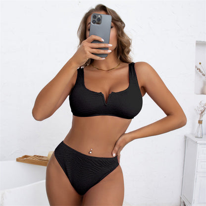 High Waist Split Bikini Sexy Solid Color Deep V Plunge Swimsuit Women