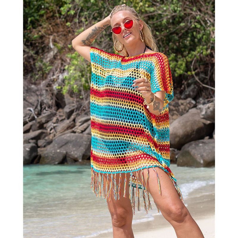 Knitted Color Stripes Tassel Beach Cover-up Sexy Hollow Out Cutout Seaside Sun Protection Clothing Beach Cover Up Crochet
