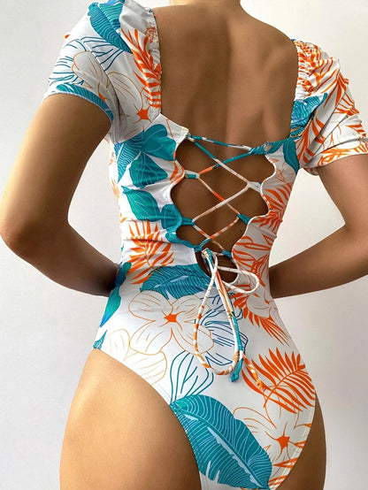 Swimsuit Women Printed Floral Triangle One Piece Printed Bikini Tied Swimsuit