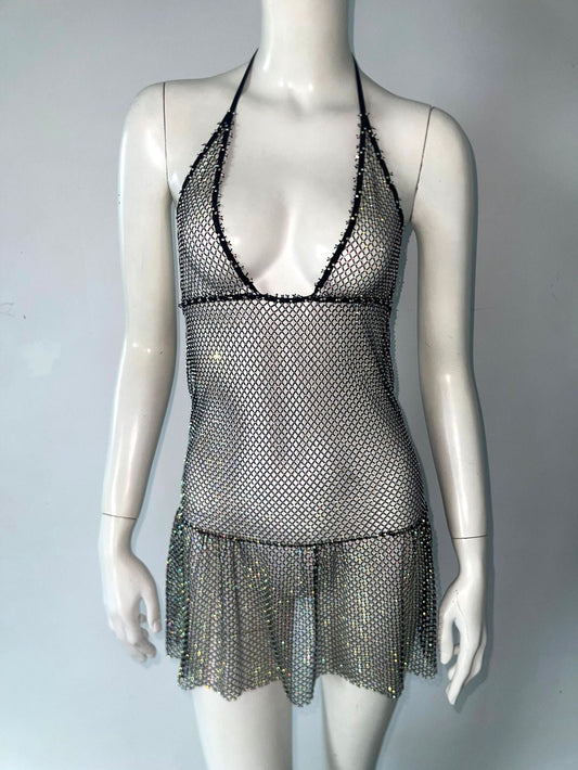 Sexy Mesh Rhinestone See through Slim Fit Sling Dress Music Festival Party Rhinestone Dress