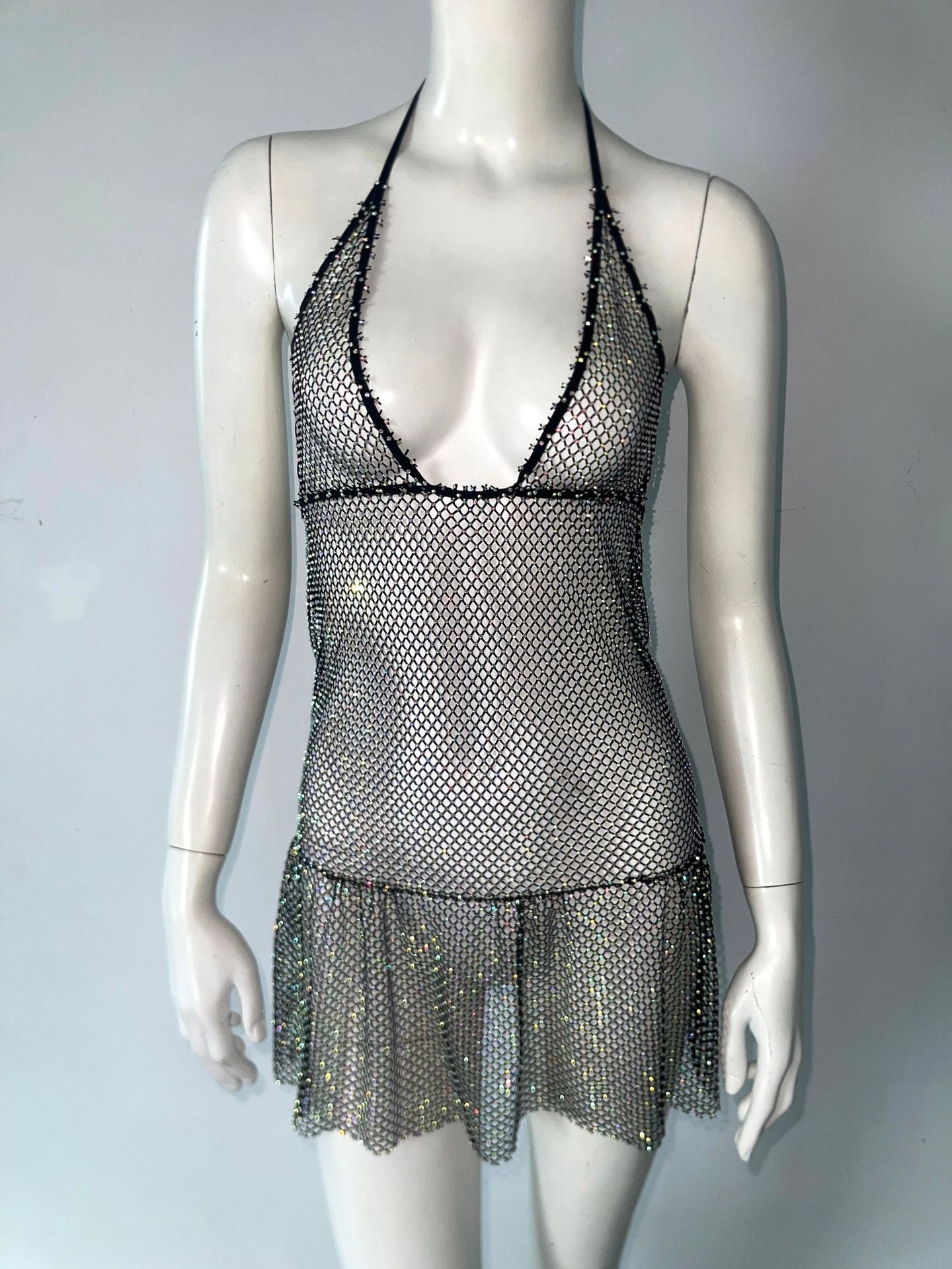 Sexy Mesh Rhinestone See through Slim Fit Sling Dress Music Festival Party Rhinestone Dress