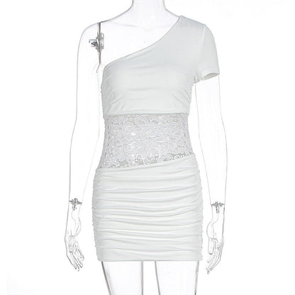 Summer Women Clothing Sexy Shoulder Lace Slim Fit Patchwork Hip Bag Dress