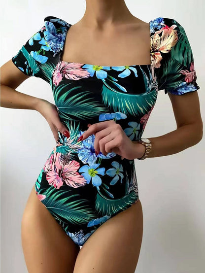Swimsuit Women Printed Floral Triangle One Piece Printed Bikini Tied Swimsuit
