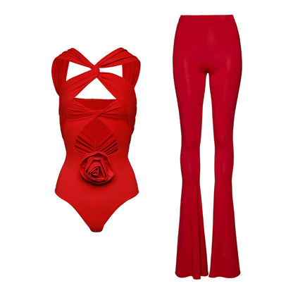 Sexy Hollow Out Cutout One Piece Swimsuit Women Red Rose Set