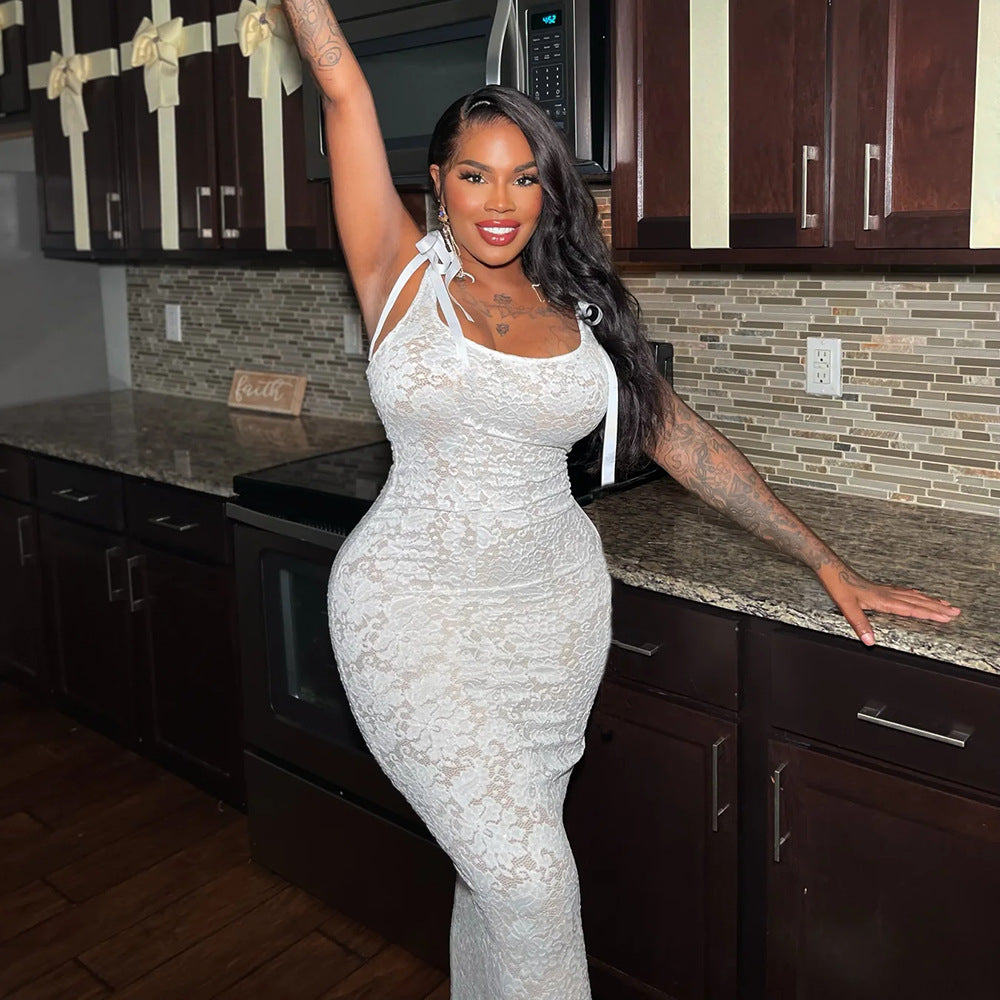 Women Clothing Spring Summer Lace Bow Sexy Backless Lace Double Layer Length Dress