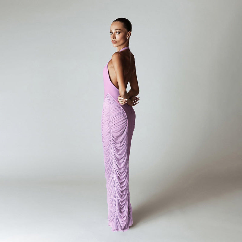 Summer Women Clothing Sexy Deep V Plunge neck Halter Stitching Mesh High Waist Dress