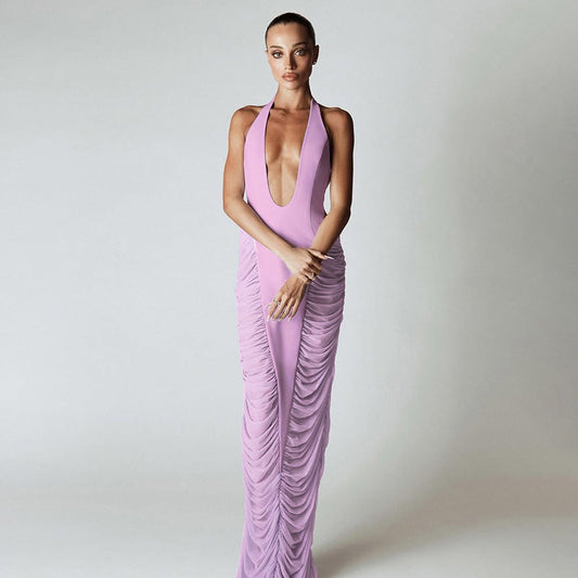 Summer Women Clothing Sexy Deep V Plunge neck Halter Stitching Mesh High Waist Dress