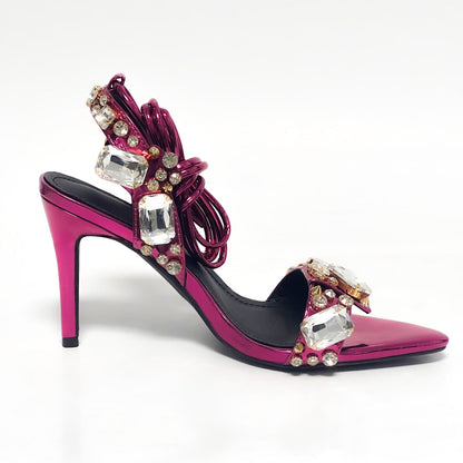 11cm Pointed Gold Rivet Rhinestone Stiletto Heels Summer Sandals Shoes