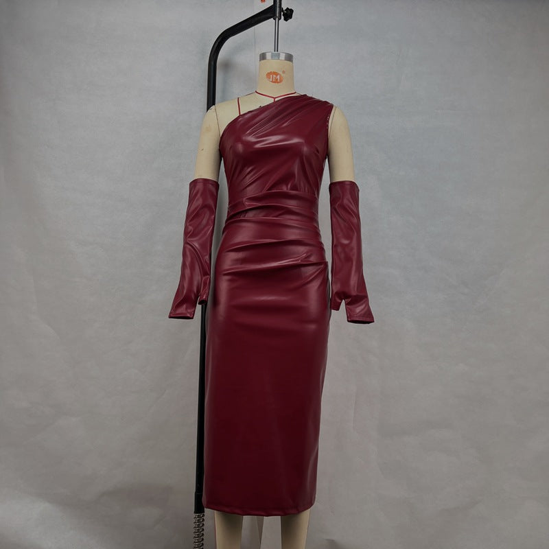Crossbody Leather Dress Women Clothing Tight Wrapped Chest Pleated Sexy Sheath Split Dress