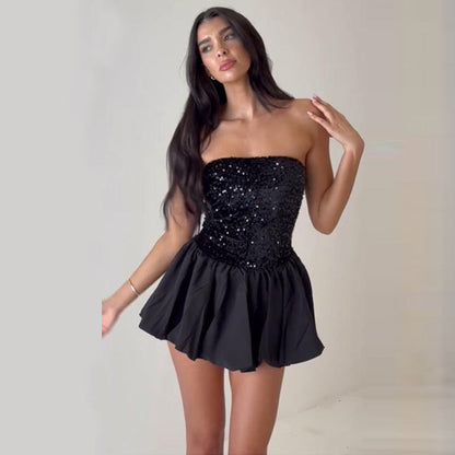Women Clothing Spring Sexy off the Shoulder Tube Top Short Sequin Dress Women