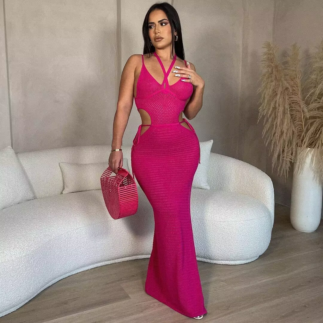 Summer Beach Hand Crochet Strap Backless Halterneck With Suspenders Mesh Split Sun Protection Dress