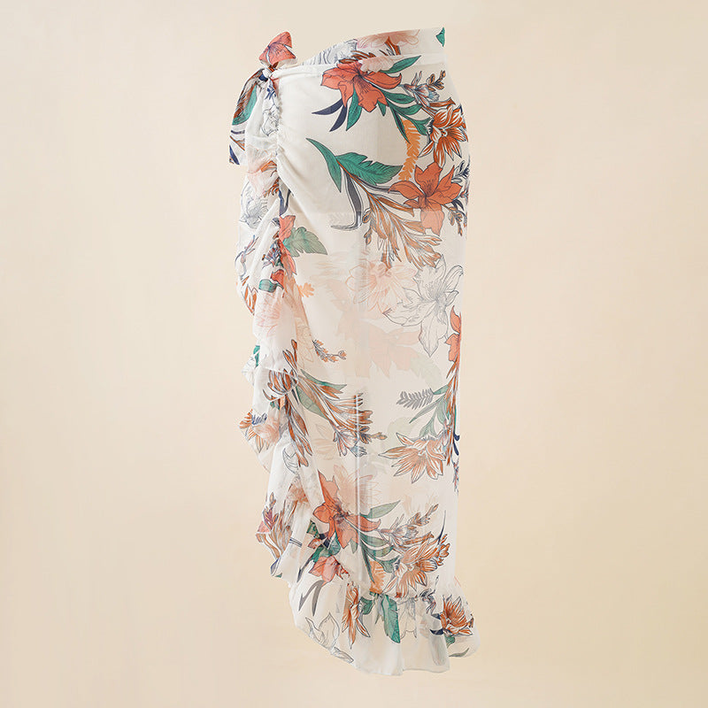 Summer Seaside Vacation Chiffon Printing Tie Dye Bandage Beach Wrap Skirt Bikini Swimsuit Blouse