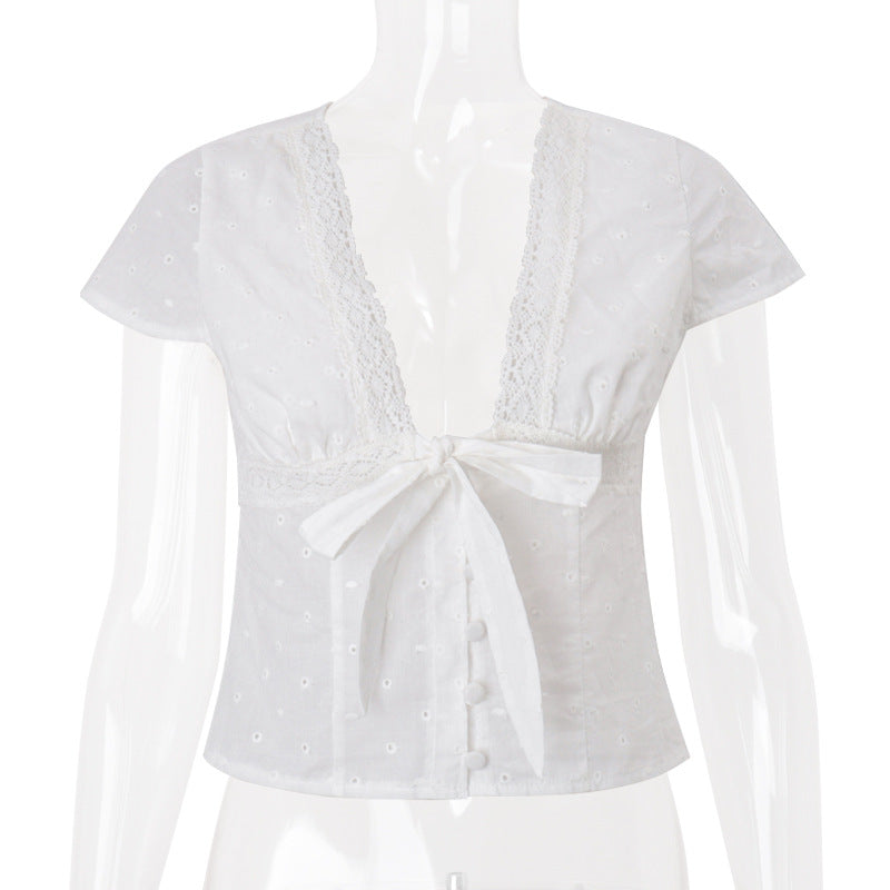 Women Clothing Summer Sexy V neck Bow Bandage Sexy Short Sleeve T shirt Top