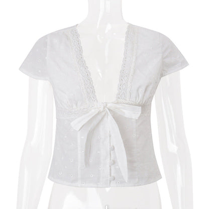 Women Clothing Summer Sexy V neck Bow Bandage Sexy Short Sleeve T shirt Top