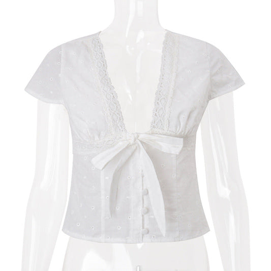 Women Clothing Summer Sexy V neck Bow Bandage Sexy Short Sleeve T shirt Top