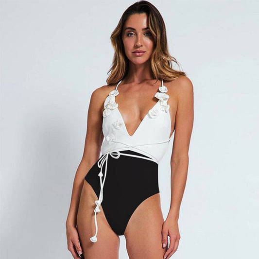 French Black White Color Matching V Halter Floral Decoration One Piece Swimsuit for Women