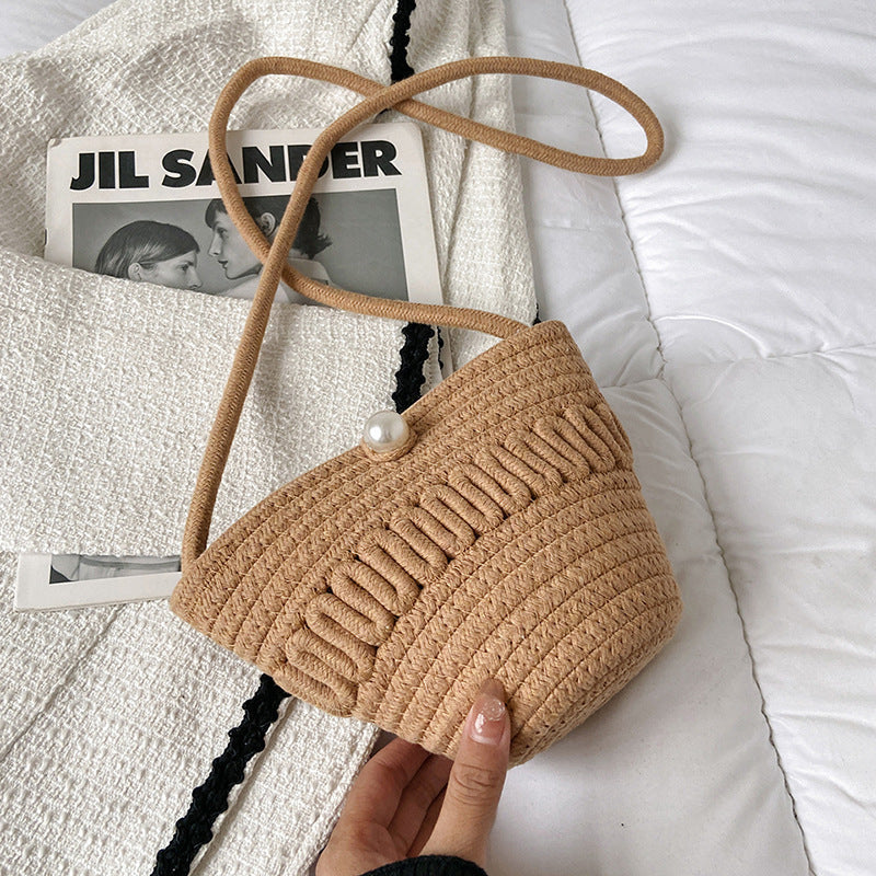 Crossbody Straw Bag Cotton Thread Woven Bag Mobile Phone Change Key Case Hollow Out Cutout Cotton Thread Woven Bag Casual Cute Women