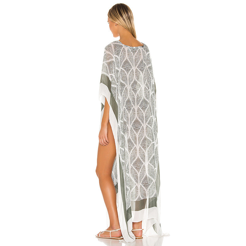 Sun Protective Clothing Women Square Geometry Printed V Neck Pullover Beach Cover Up Swimsuit Outwear Women