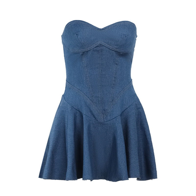 Summer Sheath A Line Sexy Tube Top Imitation Denim Dress Women