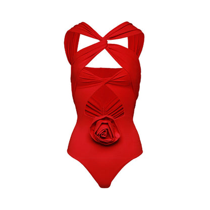 Sexy Hollow Out Cutout One Piece Swimsuit Women Red Rose Set