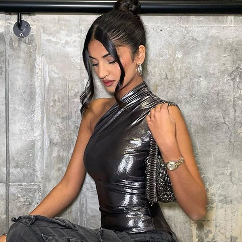 Women Clothing Summer Sexy Imitation Faux Leather Slim Sleeveless Jumpsuit